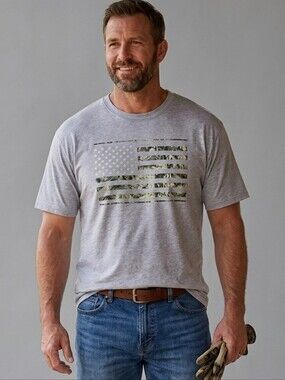 Men's Mossy Oak Light Gray Men's Tee with Camo Flag Design Size 3X